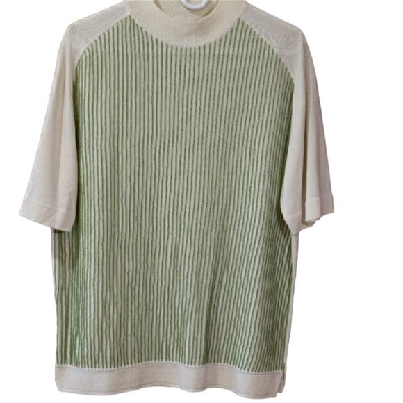 Trend Marshall Fields Vintage Cream & Green Striped Short Sleeve Shirt Top Blous - Picture 1 of 12